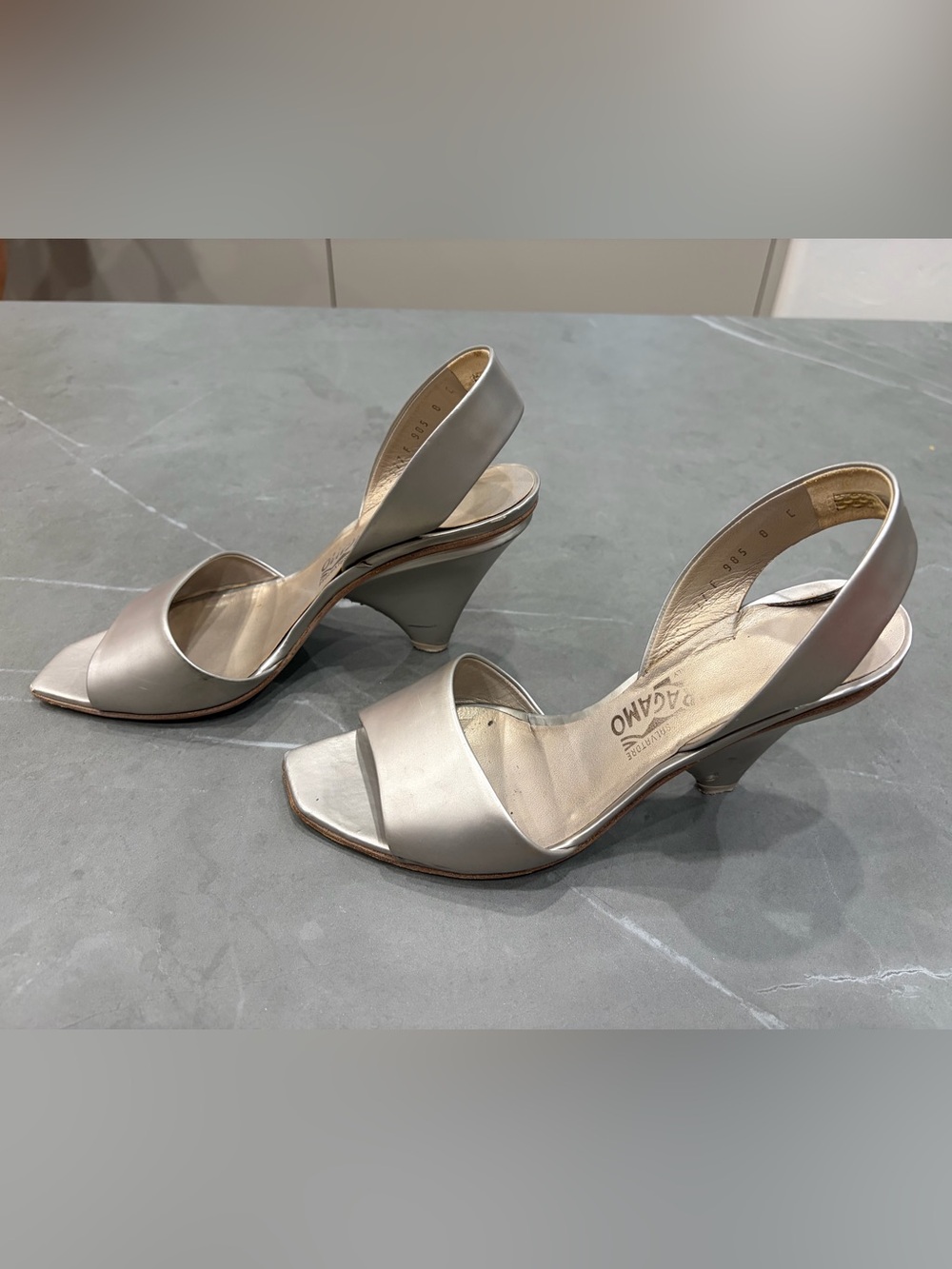 Salvatore Ferragamo Metallic Silver Open-Toe Slingback Heels
